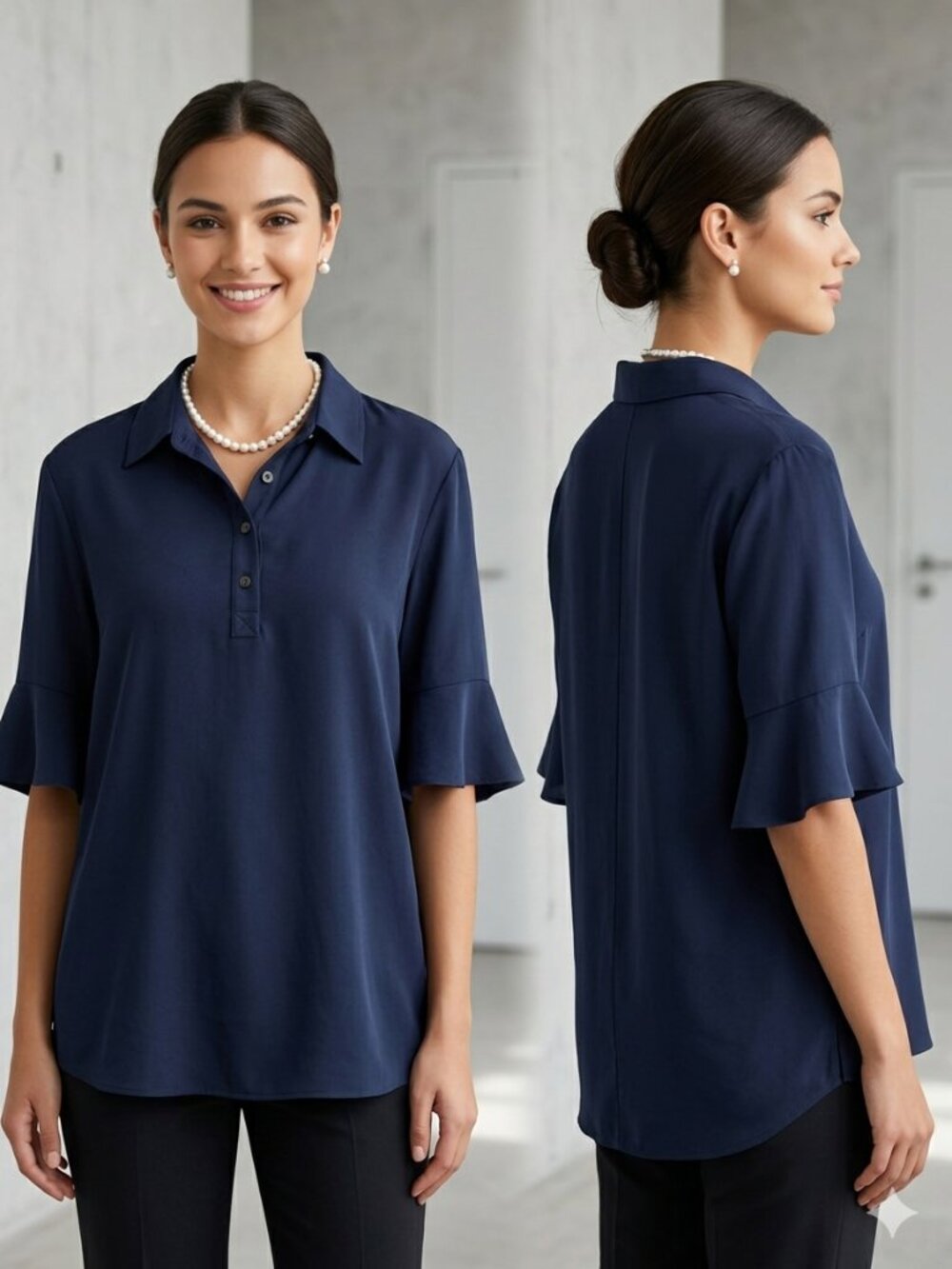 Banana Republic Navy Blue Four Button Triacetate Collared Blouse - Size Large